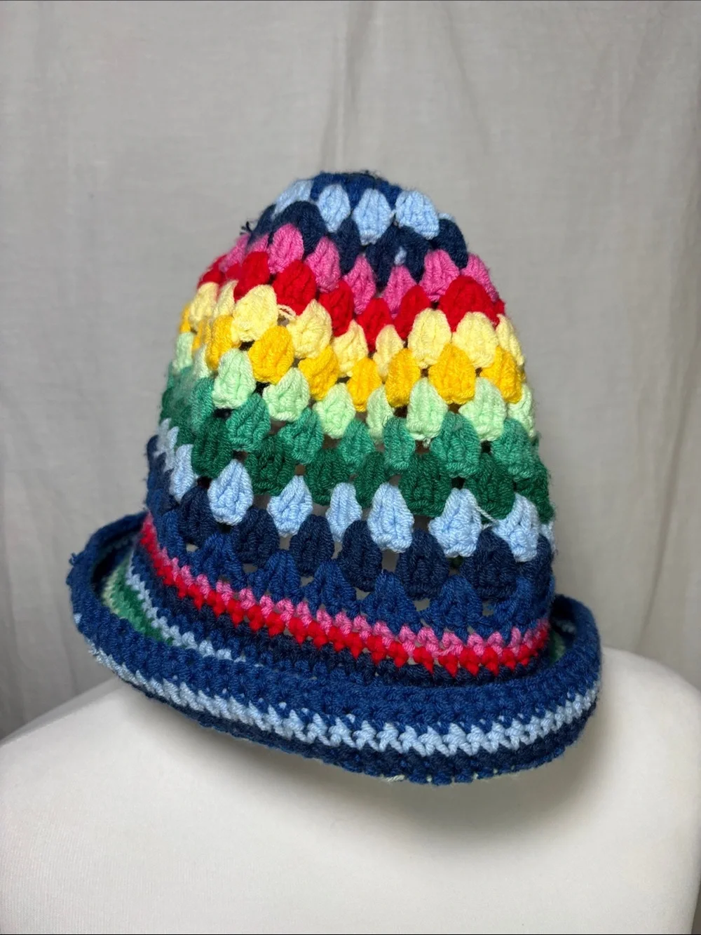 Handmade Multicolor Crochet Boho 70s Vibe Hippie Vibe Hat - Rainbow Stripes.